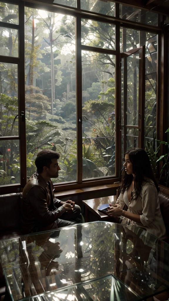 Interior view of wooden house with large glass window overlooking a forest, The weather is heavy rain, agua escorre no vidro, clima frio, sem neve, Dense forest outside, lareira com fogo baixo, livros na estante, wooden table with cups of hot coffee for two, A man and a woman are sitting on a brown leather sofa, eles conversam e riem.