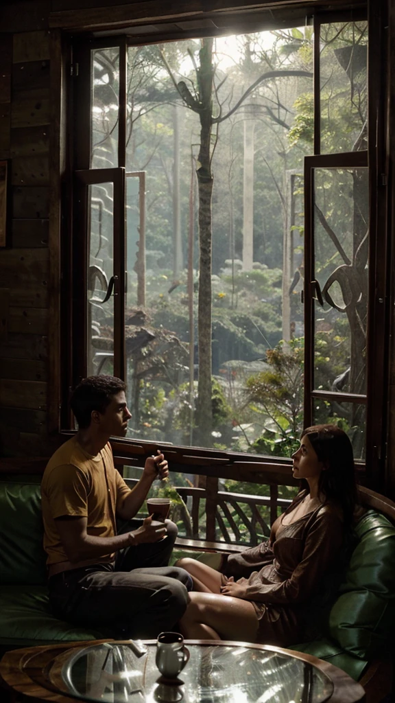 Interior view of wooden house with large glass window overlooking a forest, The weather is heavy rain, agua escorre no vidro, clima frio, sem neve, Dense forest outside, lareira com fogo baixo, livros na estante, wooden table with cups of hot coffee for two, A man and a woman are sitting on a brown leather sofa, eles conversam e riem.