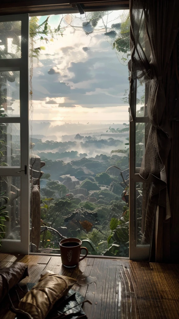 Interior view of wooden house with large glass window overlooking a forest, The weather is heavy rain, agua escorre no vidro, clima frio, sem neve, Dense forest outside, lareira com fogo baixo, livros na estante, wooden table with cups of hot coffee for two, A man and a woman are sitting on a brown leather sofa, eles conversam e riem.