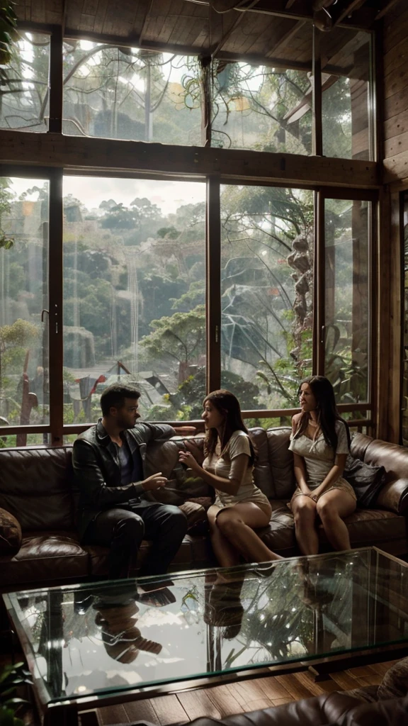 Interior view of wooden house with large glass window overlooking a forest, The weather is heavy rain, agua escorre no vidro, clima frio, sem neve, Dense forest outside, lareira com fogo baixo, livros na estante, wooden table with cups of hot coffee for two, A man and a woman are sitting on a brown leather sofa, eles conversam e riem.