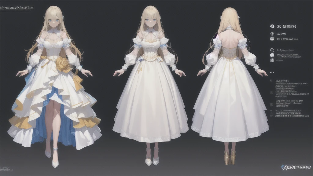 charturnerv2, 1girl, full body, blonde hair, long hair, blue eyes, white dress with blue details, princess, same outfit, concept-art, full body, detail_face, line_sketch, PlanIt, official art, official alternate costume, design style, multi style, detail character, 4_side, original, 8K GC, massive detail, multiple views of the same character, no background, only detail character, technical illustration, multiple views,masterpiece,best quality