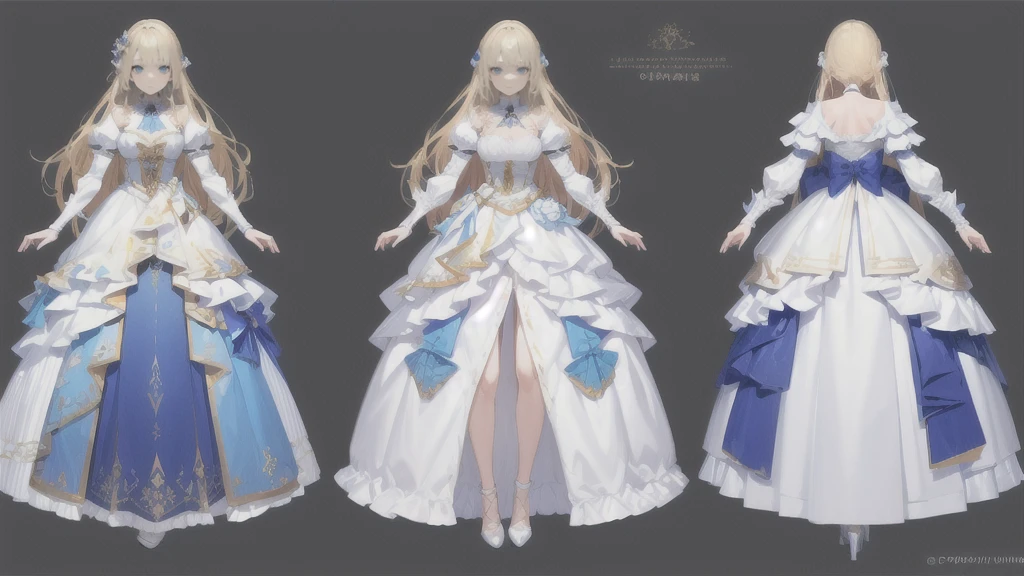 Charterner v2, One girl, whole body, Blonde, Long Hair, blue eyes, white dress with blue detaileds, Princess, same clothes, Concept Art, whole body, detailed_face, line_sketch, plan, Official Art, Official Alternative Costumes, Design style, multi style, detailed character, 4_~ side, original, 8K GC, massive detailed, Multiple Views of the same character, No background, only detailed character, technical illustration, Multiple Views,masterpiece,highest quality
