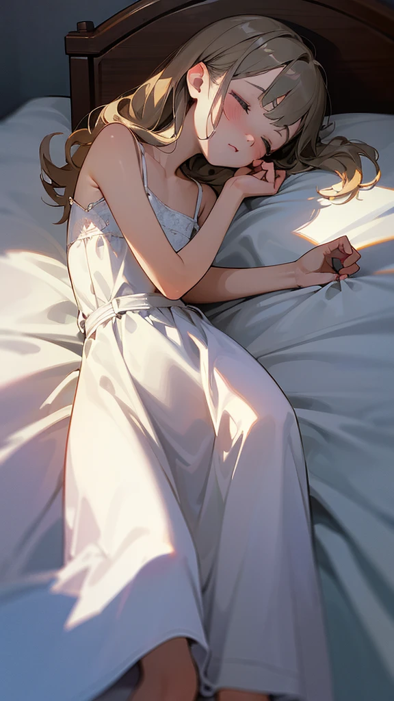 Masterpiece, Superior quality, super detail, 8k, Detailed light, detailed shadows, RAW, (detailed skin), (real: 1.2),, 1 nordic girl, face, (9 years old), by white, sleeping in a luxurious bed, Night dress