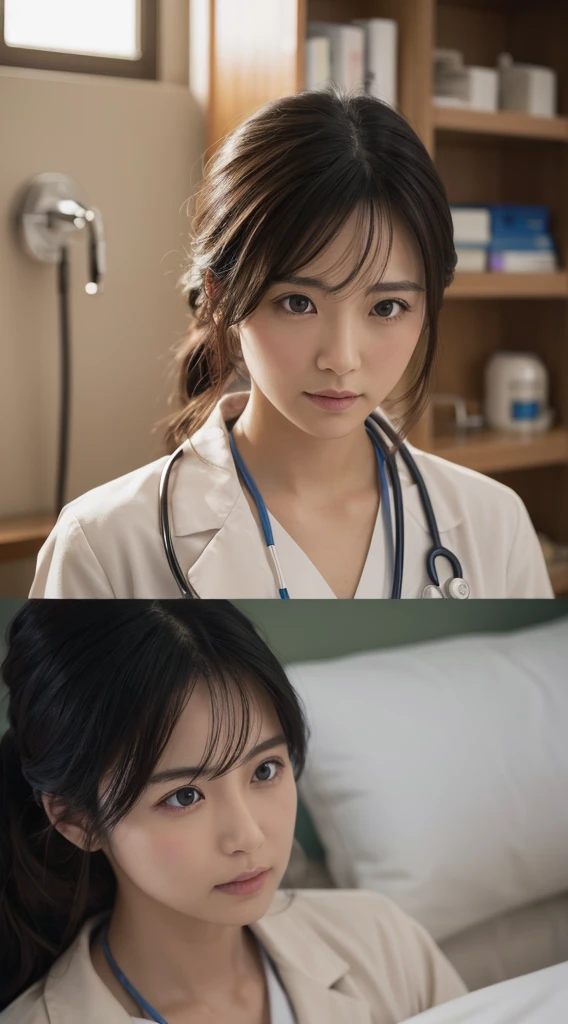 Photorealisticな美しい医師、Amazingly beautiful、Doctor&#39;s coat, Collared shirt、(Highest quality、8K、32k、masterpiece、Hmph:1.3)、Ultra-high resolution,(Photorealistic:1.4),Raw photo, Detailed face,,Beautiful Hair, ((Doctor Style)), , Black tight skirt、 Natural Makeup,, Big ample breasts、In the hospital, Detailed Background, Perfect lighting, Depth of written boundary, Beautiful shadow gradation,Stethoscope ,