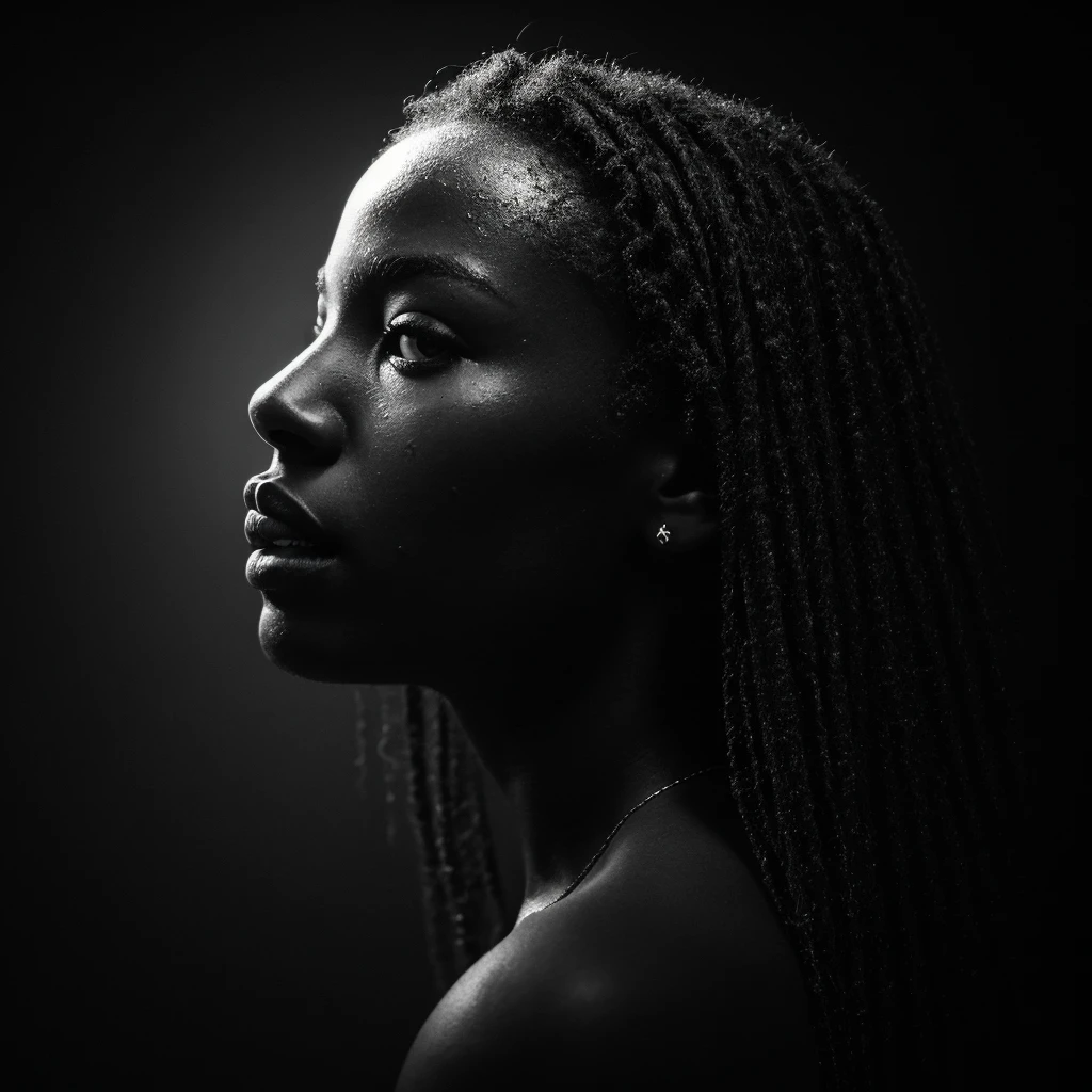 a beautiful black girl with a water teardrop running down her face and a black background, inspired by casey baugh, light falling on face, by casey baugh, stars in her gazing eyes, inspired by Roy DeCarava, noir photorealism, mysterious portrait of a woman, inspired by Anna Füssli, chiaroscuro portrait, grainy black and white photo. close up on side profile