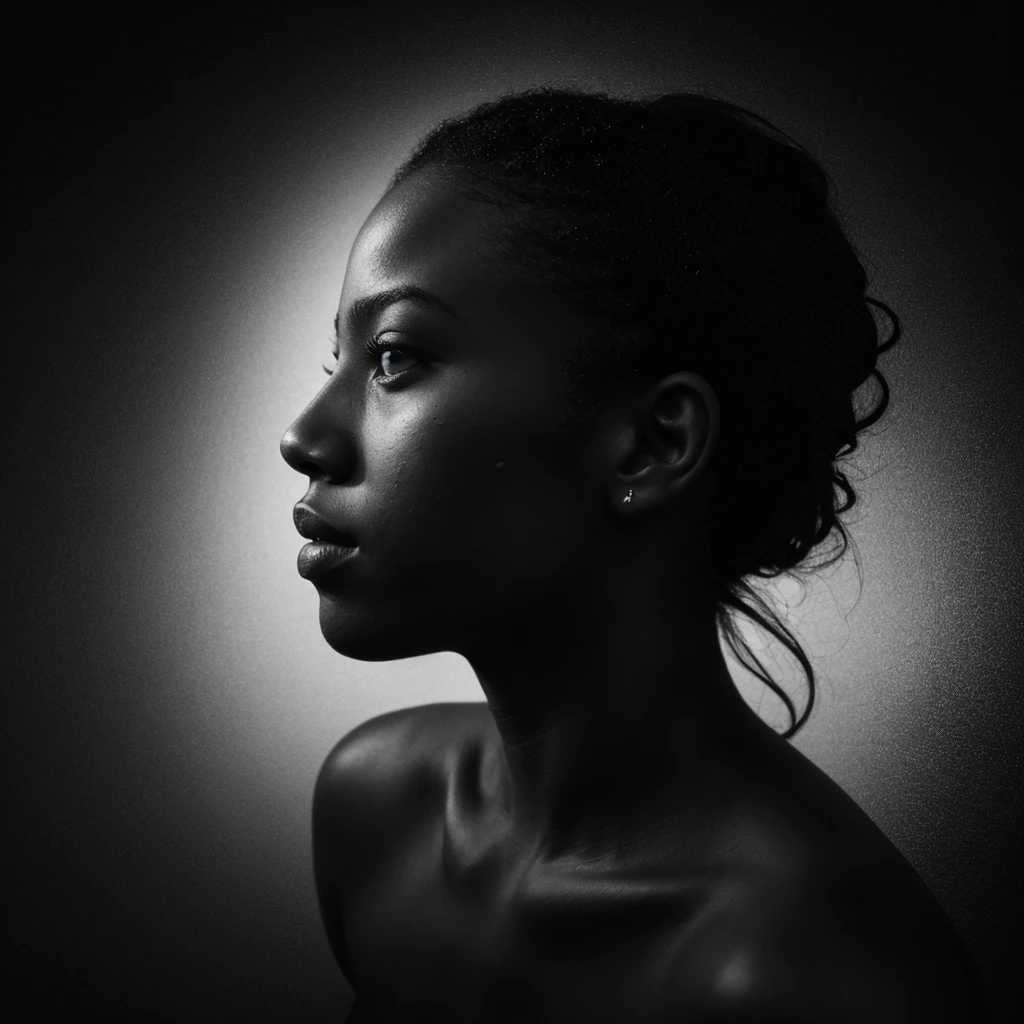 a beautiful black girl with a water teardrop running down her face and a black background, inspired by casey baugh, light falling on face, by casey baugh, stars in her gazing eyes, inspired by Roy DeCarava, ???? photorealism, mysterious portrait of a woman, inspired by Anna Füssli, chiaroscuro portrait, grainy black and white photo. close up on side profile