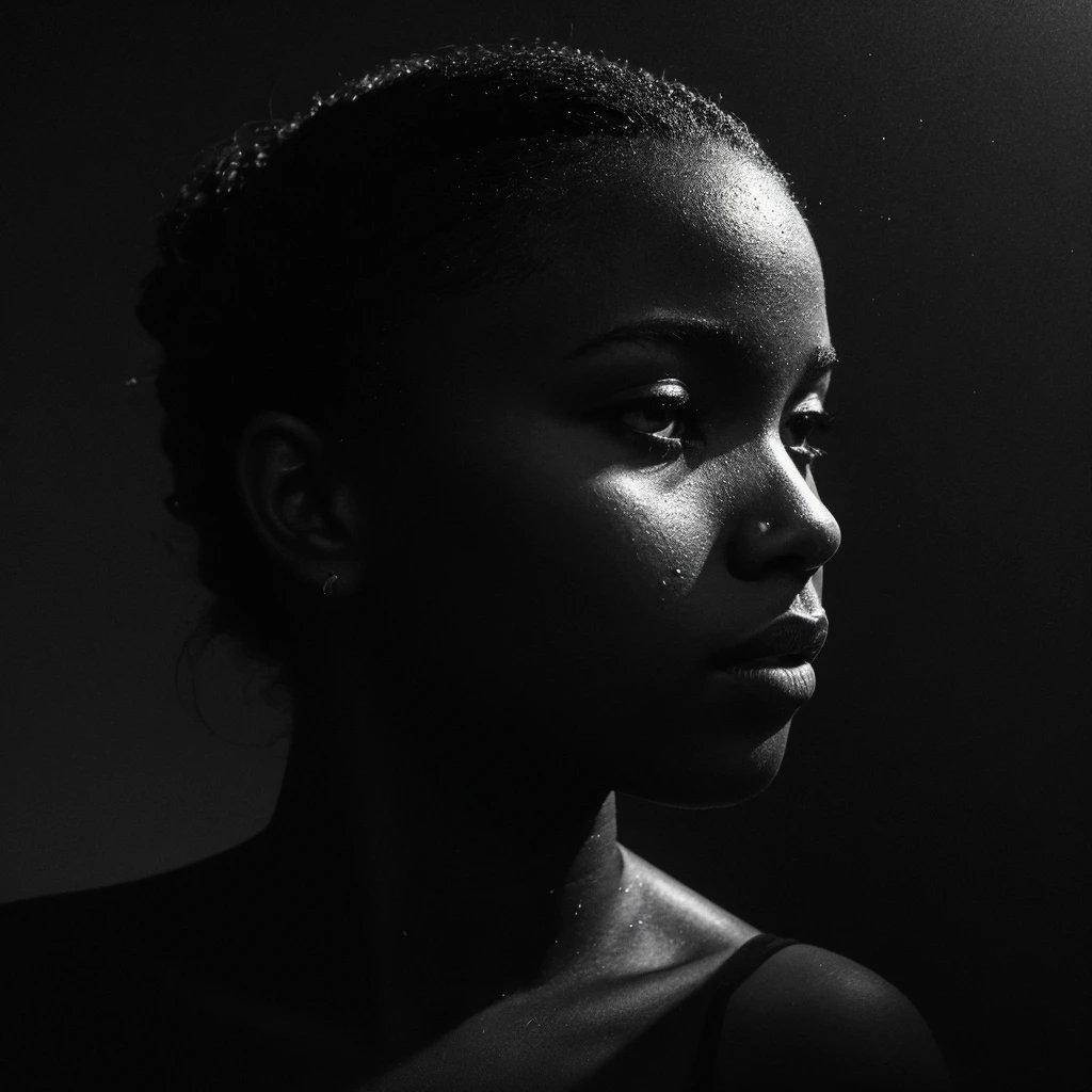 a beautiful black girl with a water teardrop running down her face and a black background, inspired by casey baugh, light falling on face, by casey baugh, stars in her gazing eyes, inspired by Roy DeCarava, noir photorealism, mysterious portrait of a woman, inspired by Anna Füssli, chiaroscuro portrait, grainy black and white photo. close up on side profile