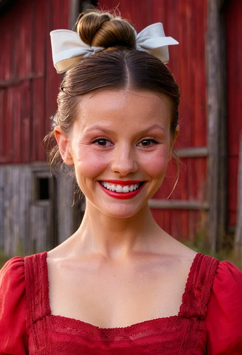 high resolution close up headshot portrait of m1ag0th woman,hair bun tied with bow,wearing red dress,smiling,masterpiece,surreal lighting,volumetric lighting,volumetric fog,boked,depth of field,cinematic,barn background