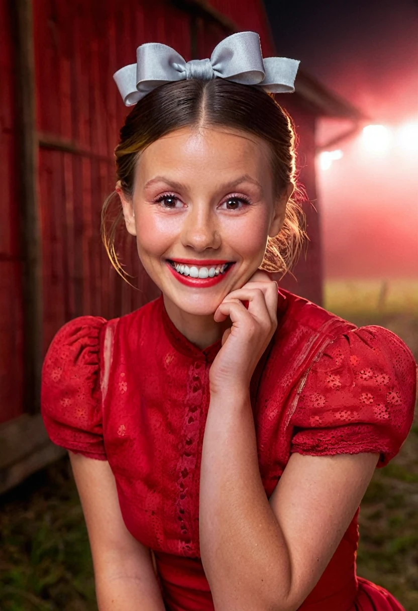 high resolution close up headshot portrait of m1ag0th woman,hair bun tied with bow,wearing red dress,smiling,masterpiece,surreal lighting,volumetric lighting,volumetric fog,boked,depth of field,cinematic,barn background