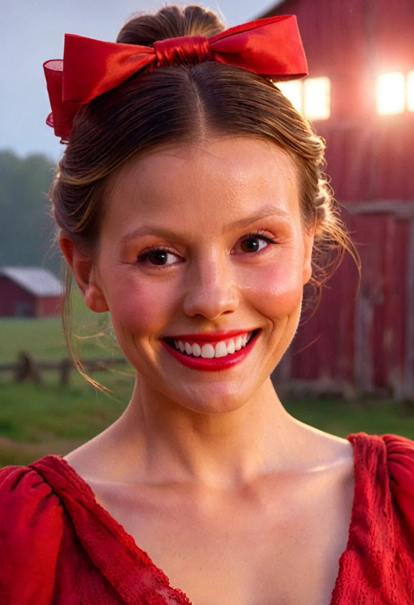 high resolution close up headshot portrait of m1ag0th woman,hair bun tied with bow,wearing red dress,smiling,masterpiece,surreal lighting,volumetric lighting,volumetric fog,boked,depth of field,cinematic,barn background