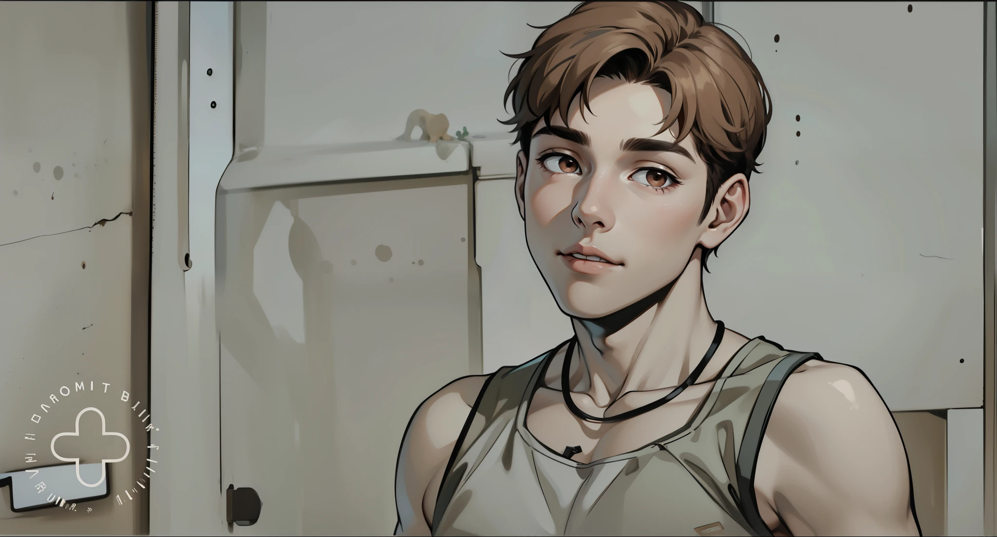 There is a 17-year-old boy with brown hair, brown eyes, and he is talking to someone.