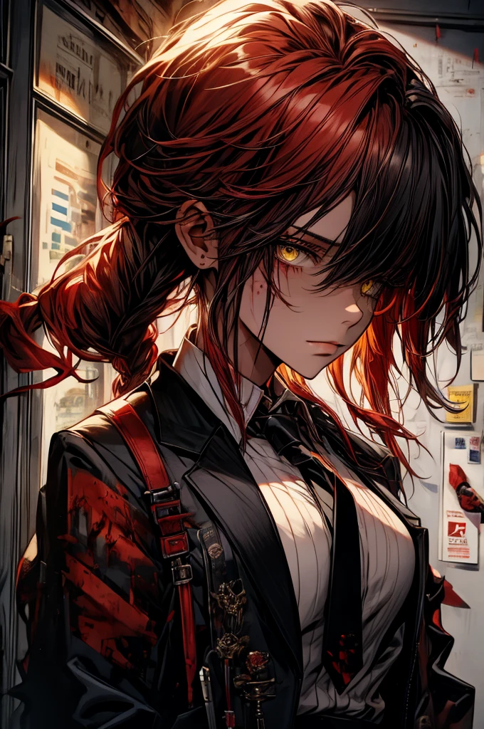 ((((dramatic))), (((gritty))), (((intense)))) 1girl, solo, singing, intoxicated, holding a standing microphone, movie poster featuring a young woman as the central character. Idol, singing, short hair, gradient hair, black and red hair, black cat anthropomorphic, a pair of black cat ears, black cat tail, holding a microphone, she stands confidently in the center of the poster, dressed in stylish clothing with a determined expression on her face. The background is dark and gritty, with a sense of danger and intensity. The text is bold and eye-catching, with catchy slogans that add to the overall drama and excitement. Dotted with bright colors, make the poster dynamic and visually striking, (magazine: 1.3), (cover style: 1.3), tachi-e (magazine: 1.3), (cover-style: 1.3), fashionable, woman, vibrant, outfit, posing, front, colorful, dynamic, background, element, confidence, expression, hold, statement, attachment, coil, around, touch, scene, text, cover, bold, eye-catching, title, fashion, font, catchy, title, bigger, eye-catching, modern, trendy, focused, stylish,