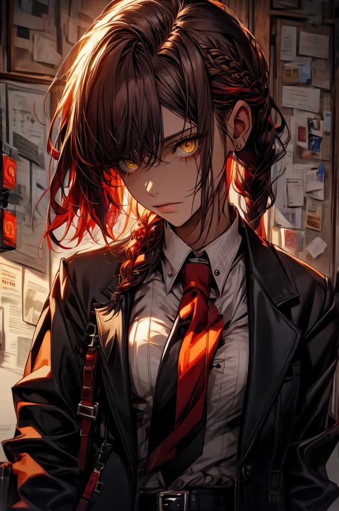 makima \(chainsaw man\), 1girl, bangs, black coat, black necktie, black pants, blood, blood in hair, blood on clothes, blood on face, braid, braided ponytail, business suit, chainsaw man, coat, collared shirt, formal, high-waist pants, highres, indoors, looking at viewer, necktie, office lady, pants, red hair, shirt, shirt tucked in, solo, suit, yellow eyes, big , big tits, big , big tits