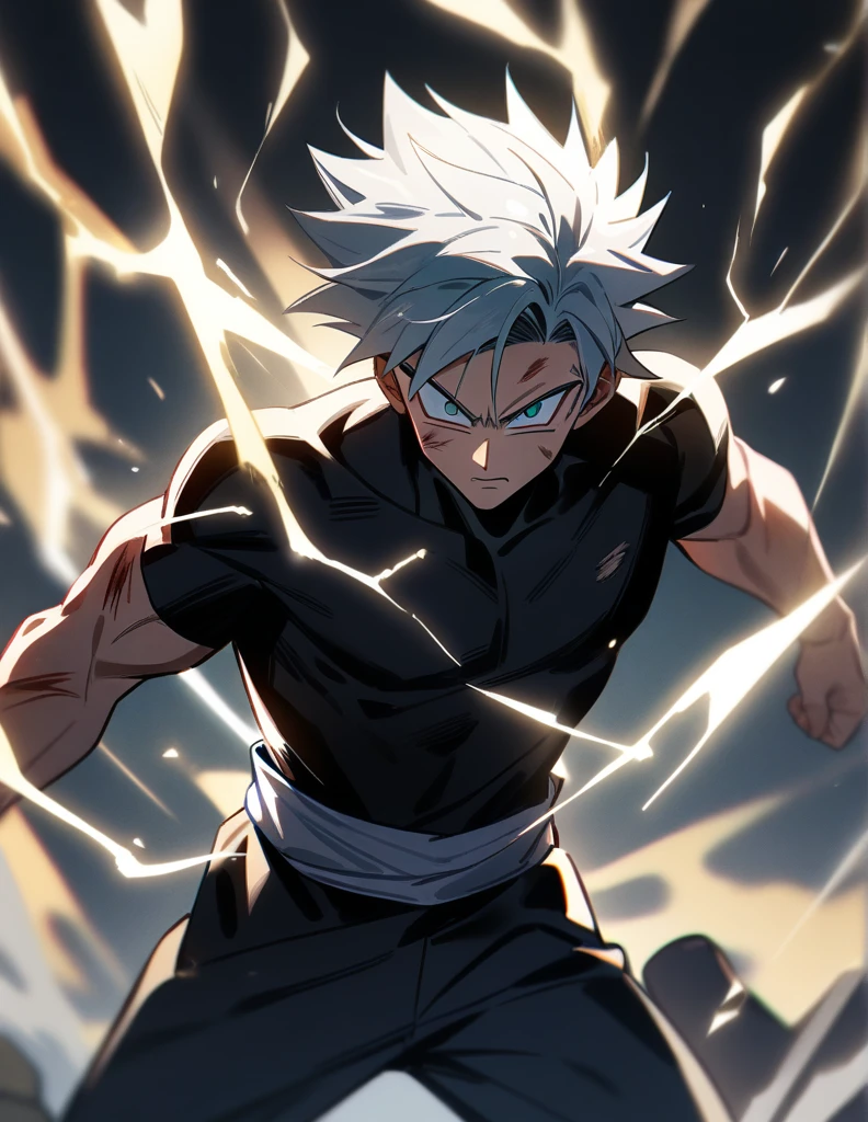 fusao dos personagens broly de dragon ball e killua de hunterxhunter, atmosfera de raios, musculoso, poder destrutivo, super definido, forma intricada, (anatomia perfeita)