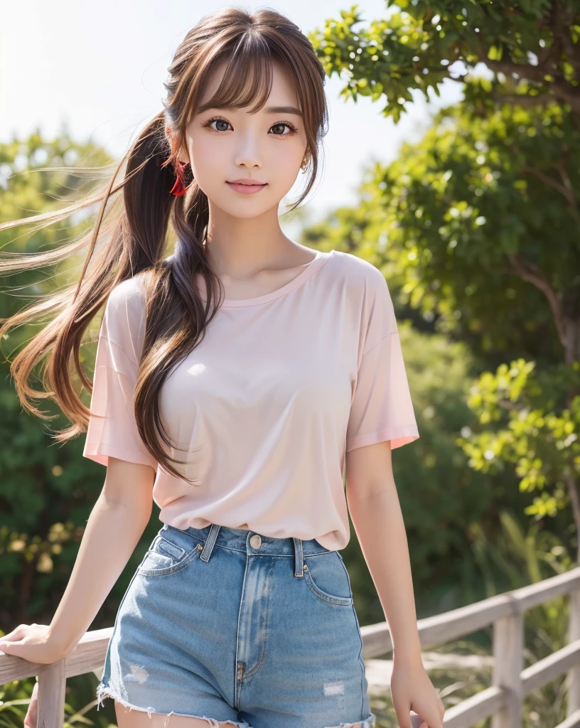 (Highest quality, 32k, High resolution, Masterpiece:1.5, ), marimo_jet, god々A photograph with brilliant dazzling and healing power., Evoking a sense of calm and elusive beauty, Expressing emotions, Have a rich imagination, The road to the horizon, Nostalgic scenery of youth, Beautiful Japanese Girls, An exceptionally beautiful face, Small Face Beauty, Perfect Human Anatomy, Magical big eyes, Motherhood and generosity, Deep Love, fleeting smile, ((Shiny brown hair:1.1)), ((A beautiful ponytail swaying in the wind)), Asymmetrical bangs, Hair between the eyes, Transparent, soft white skin, Sharp eyebrows, Thin lashes, Natural Makeup, Cheek highlighter, Pale pink detailed lips, (Red T-shirt:1.3), ((High resolutionの美しい太もも, Beautiful legs), ((Karst Earth)), Beautifully detailed skies, Professional Photographer, Professional Lighting, Professional Model
