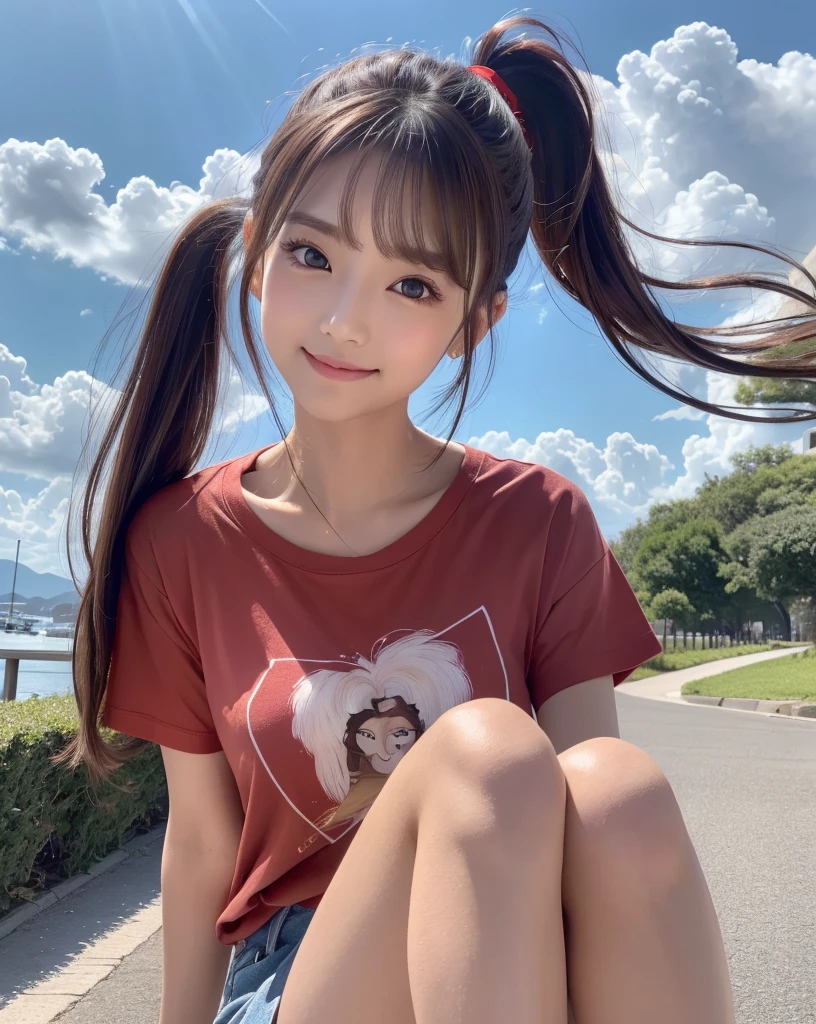(Highest quality, 32k, High resolution, Masterpiece:1.5, ), marimo_jet, god々A photograph with brilliant dazzling and healing power., Evoking a sense of calm and elusive beauty, Expressing emotions, Have a rich imagination, The road to the horizon, Nostalgic scenery of youth, Beautiful Japanese Girls, An exceptionally beautiful face, Small Face Beauty, Perfect Human Anatomy, Magical big eyes, Motherhood and generosity, Deep Love, fleeting smile, ((Shiny brown hair:1.1)), ((A beautiful ponytail swaying in the wind)), Asymmetrical bangs, Hair between the eyes, Transparent, soft white skin, Sharp eyebrows, Thin lashes, Natural Makeup, Cheek highlighter, Pale pink detailed lips, (Red T-shirt:1.3), ((High resolutionの美しい太もも, Beautiful legs), ((Karst Earth)), Beautifully detailed skies, Professional Photographer, Professional Lighting, Professional Model