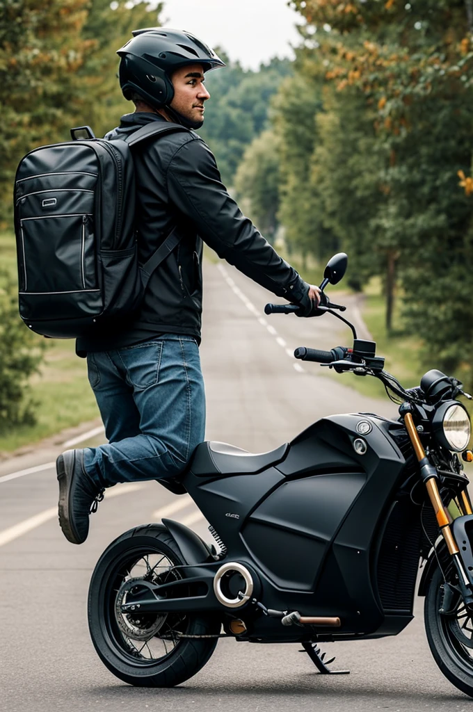 Imagine a 30-year-old man driving an electric motorcycle accompanied by a with his backpack back to school.