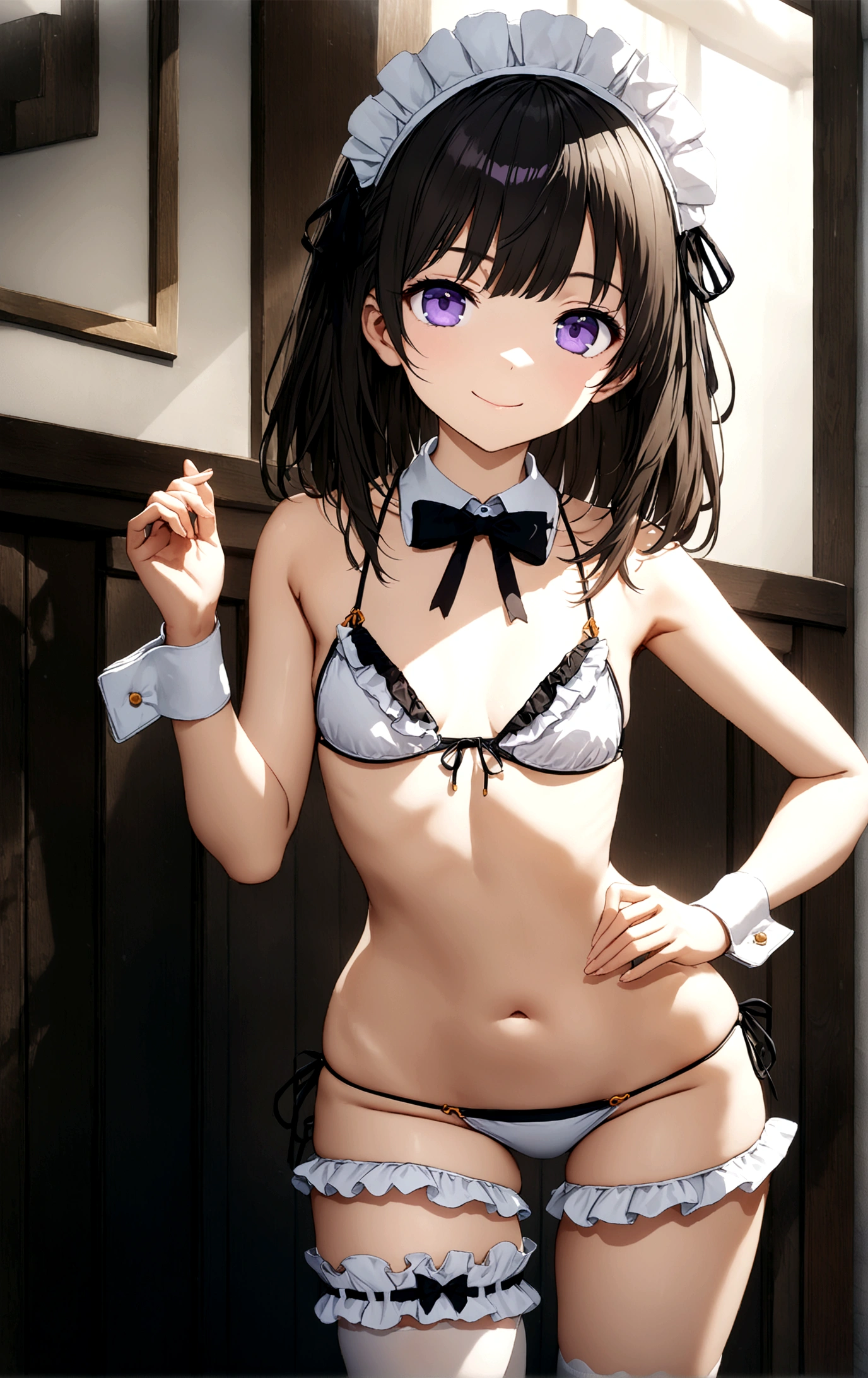 ((32k)), ((best quality)), ((ultra high res)), ((HDR)), ((UHD)), ((extremely detailed CG)), ((unity 32k wallpaper)), (((18 years old))), 1 girl, closed mouth, standing, purple eyes, swimsuit, bikini, thighs, cowboy shot, frills, indoors, hand up, stomach, white thighhighs, hand on hip, wrist cuffs, maid, maid headdress, bare arms, skindentation, detached collar, side-tie bikini bottom, white bikini, single thighhigh, string bikini, frilled bikini, bridal garter, maid bikini, smile, 