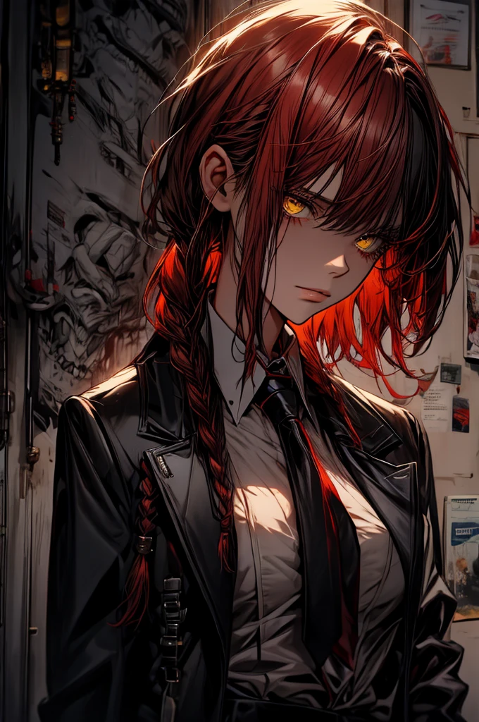 makima \(chainsaw man\), 1girl, bangs, black coat, black necktie, black pants, blood, blood in hair, blood on clothes, blood on face, braid, braided ponytail, business suit, chainsaw man, coat, collared shirt, formal, high-waist pants, highres, indoors, looking at viewer, necktie, office lady, pants, red hair, shirt, shirt tucked in, solo, suit, yellow eyes, big , big tits, big , big tits