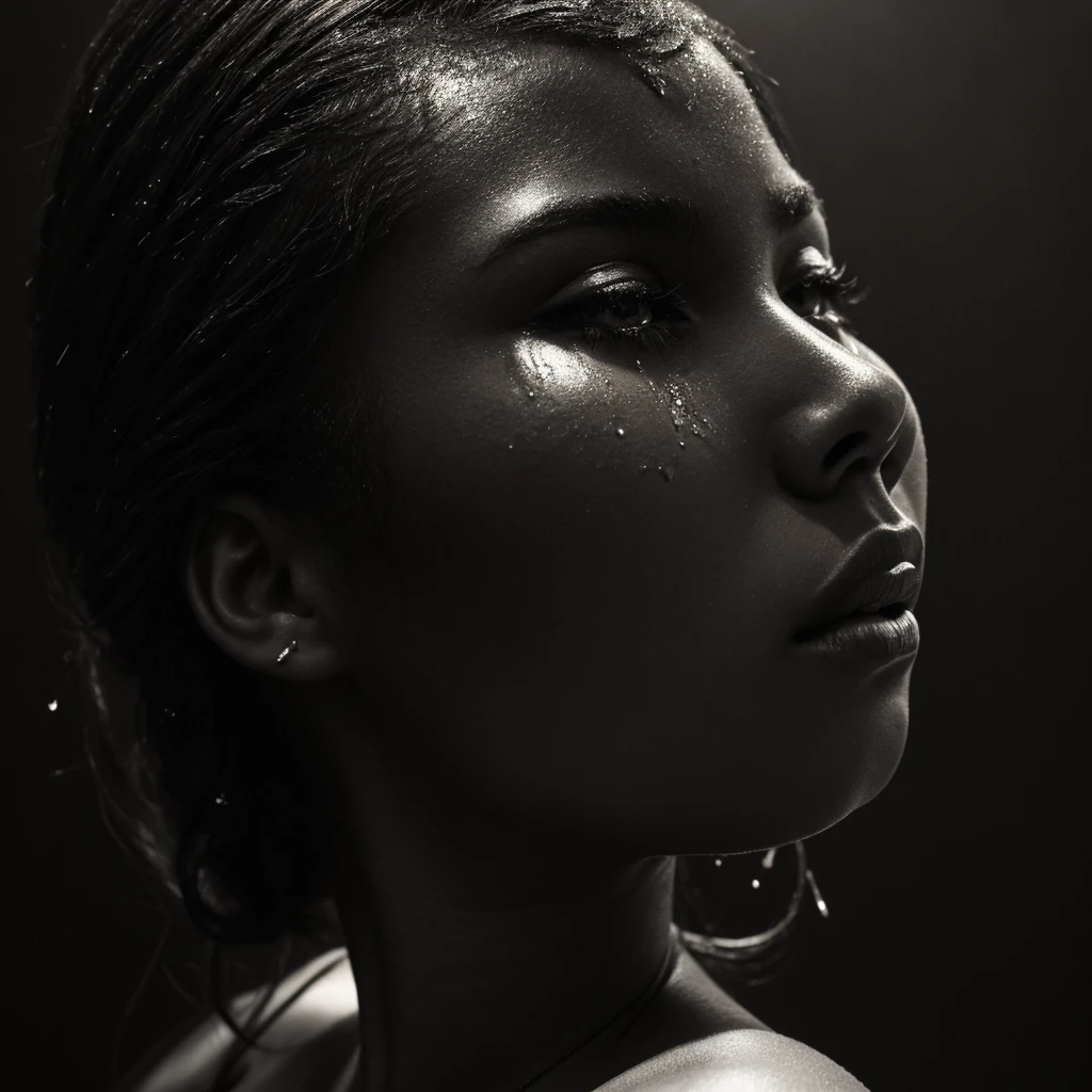 a beautiful black girl with crying a water teardrop running down her face and a black background, inspired by casey baugh, light falling on face, by casey baugh, stars in her gazing eyes, inspired by Roy DeCarava, noir photorealism, mysterious portrait of a woman, inspired by Anna Füssli, chiaroscuro portrait, grainy black and white photo. close up on side profile
