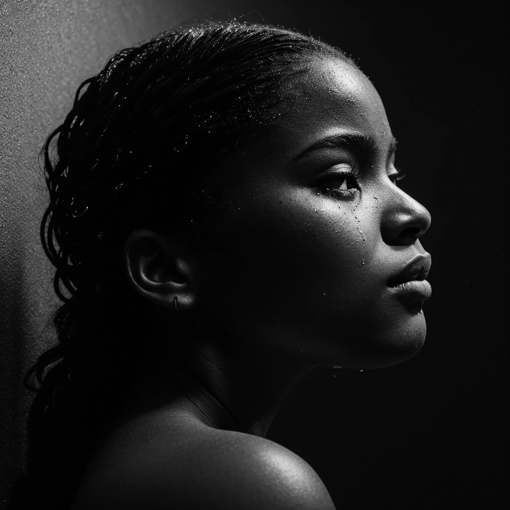 a beautiful black girl with a tear on her face and a black background, inspired by casey baugh, light falling on face, by casey baugh, stars in her gazing eyes, inspired by Roy DeCarava, noir photorealism, mysterious portrait of a woman, inspired by Anna Füssli, chiaroscuro portrait, grainy black and white photo. close up on side profile