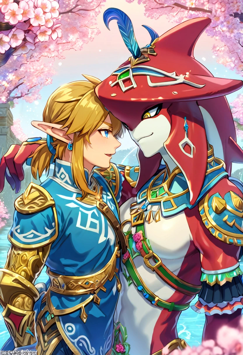 absurdres, highres, ultra detailed, HDR, master piece, best quality, perfect face, delicated features, red Zora, Sidon, expressive yellow eyes, The Legend Of Zelda Breath Of The Wild, Link, expressive blue eyes, blond hair, two sexy men together, gay couple, yaoi, handsome, smiling, blue tunic, prince clothes, zora domain, pink blossoms, pink flowers, water, fantasy