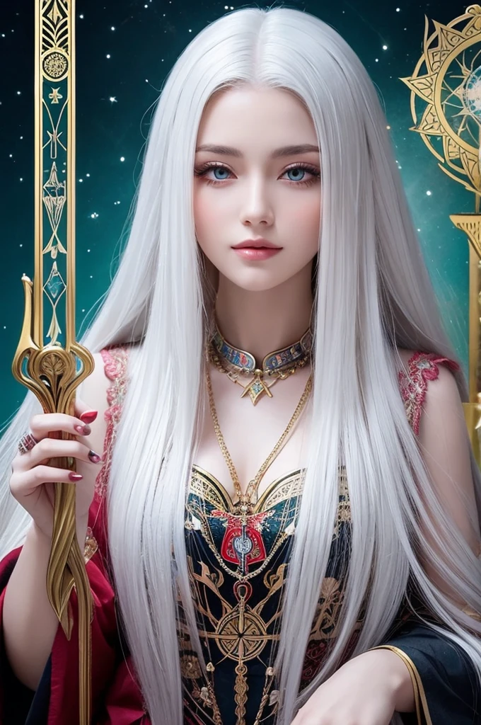 Beautiful woman with long white hair using tarot cards