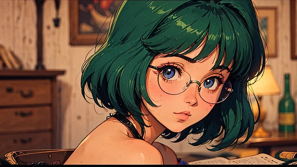 A girl, 80s anime style, retro, lo-fi, piercing, glasses