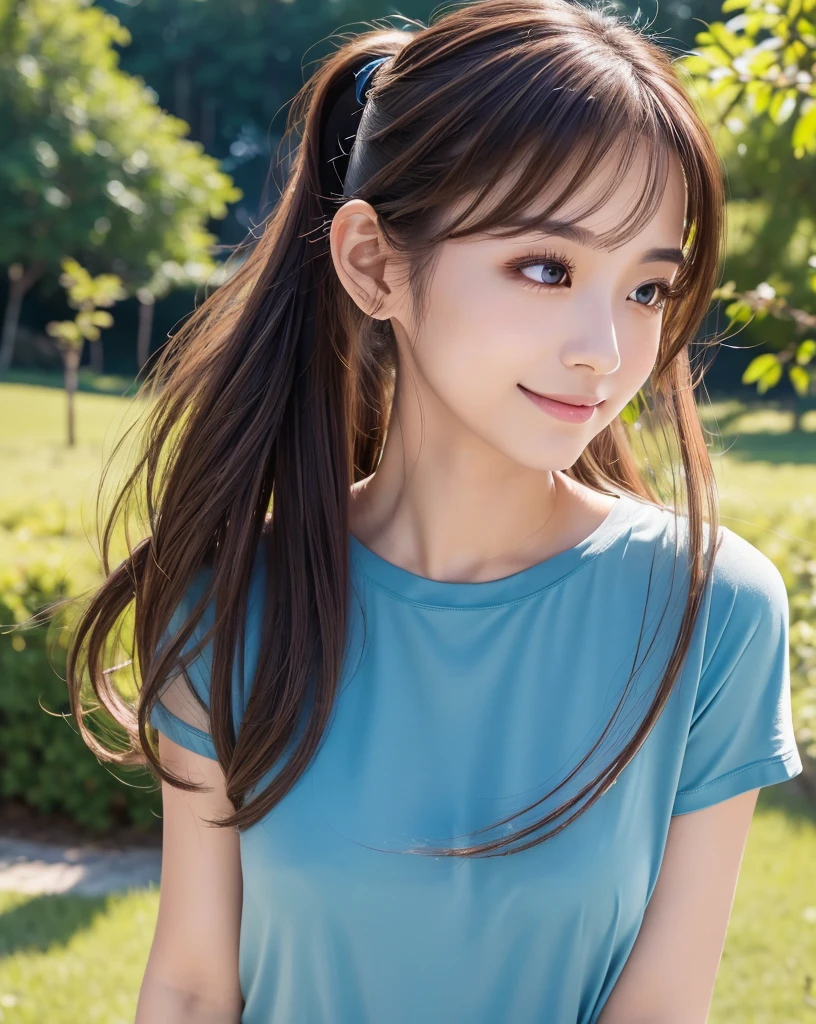 (Highest quality, 32k, High resolution, Masterpiece:1.5, ), marimo_jet, god々A photograph with brilliant dazzling and healing power., Evoking a sense of calm and elusive beauty, Expressing emotions, Have a rich imagination, The road to the horizon, Nostalgic scenery of youth, Beautiful Japanese Girls, An exceptionally beautiful face, Small Face Beauty, Perfect Human Anatomy, Magical big eyes, Motherhood and generosity, Deep Love, fleeting smile, ((Shiny brown hair:1.1)), ((A beautiful ponytail swaying in the wind)), Asymmetrical bangs, Hair between the eyes, Transparent, soft white skin, Sharp eyebrows, Thin lashes, Natural Makeup, Cheek highlighter, Pale pink detailed lips, (Dark blue T-shirt:1.3), ((High resolutionの美しい太もも, Beautiful legs), ((Karst Earth:1.2)), Beautifully detailed skies, Professional Photographer, Professional Lighting, Professional Model