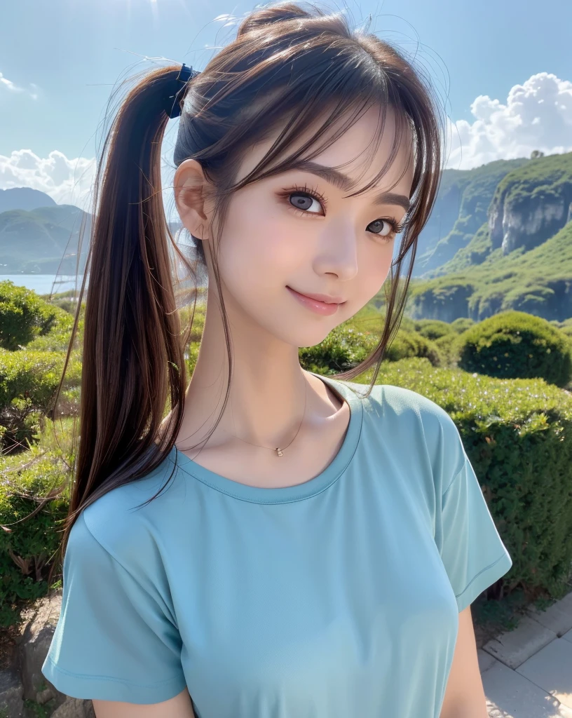 (Highest quality, 32k, High resolution, Masterpiece:1.5, ), marimo_jet, god々A photograph with brilliant dazzling and healing power., Evoking a sense of calm and elusive beauty, Expressing emotions, Have a rich imagination, The road to the horizon, Nostalgic scenery of youth, Beautiful Japanese Girls, An exceptionally beautiful face, Small Face Beauty, Perfect Human Anatomy, Magical big eyes, Motherhood and generosity, Deep Love, fleeting smile, ((Shiny brown hair:1.1)), ((A beautiful ponytail swaying in the wind)), Asymmetrical bangs, Hair between the eyes, Transparent, soft white skin, Sharp eyebrows, Thin lashes, Natural Makeup, Cheek highlighter, Pale pink detailed lips, (Dark blue T-shirt:1.3), ((High resolutionの美しい太もも, Beautiful legs), ((Karst Earth:1.2)), Beautifully detailed skies, Professional Photographer, Professional Lighting, Professional Model