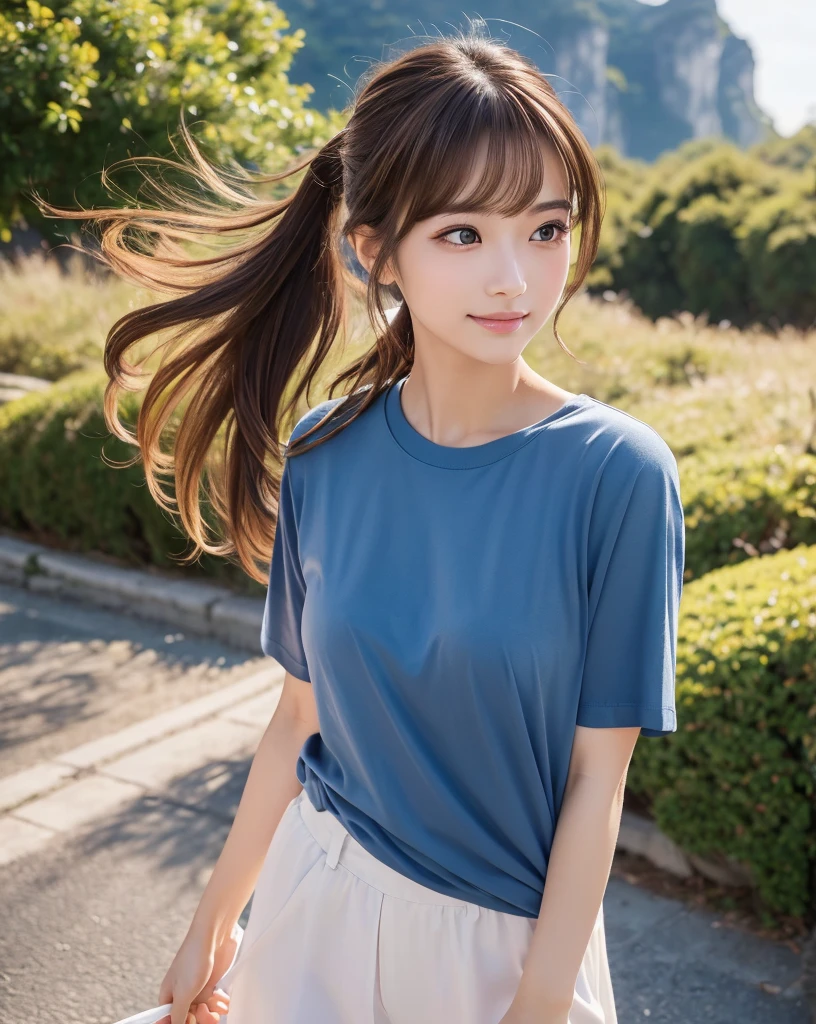 (8k, highest quality, masterpiece: 1.2), (hair_style), (realistic, photorealistic: 1.37), Skinny Japanese lady, 30 years old, plump eyes, highest quality, masterpiece, in the summer sunshine, sky and sea view, shot on wooden deck, [small breasts], backlight, shooting from the waist up, camera angle from bottom to top, pose with hair raked up with hands, shot in natural light from morning to noon, Hairstyles and fashion styles that match the Japan trends of 2023, realistic, super detailed, actress, Japanese model, elaborate CG, slender, adorable, hairstyle matches the fashion of Japan in 2023 layer cut that flutters in the wind, delicate skin type, fine details and softness, model hair color is bright and soft, Choose a short-length T-shirt that matches the summer trends of 2023 and pair it with pale pastel colors for surf fashion.