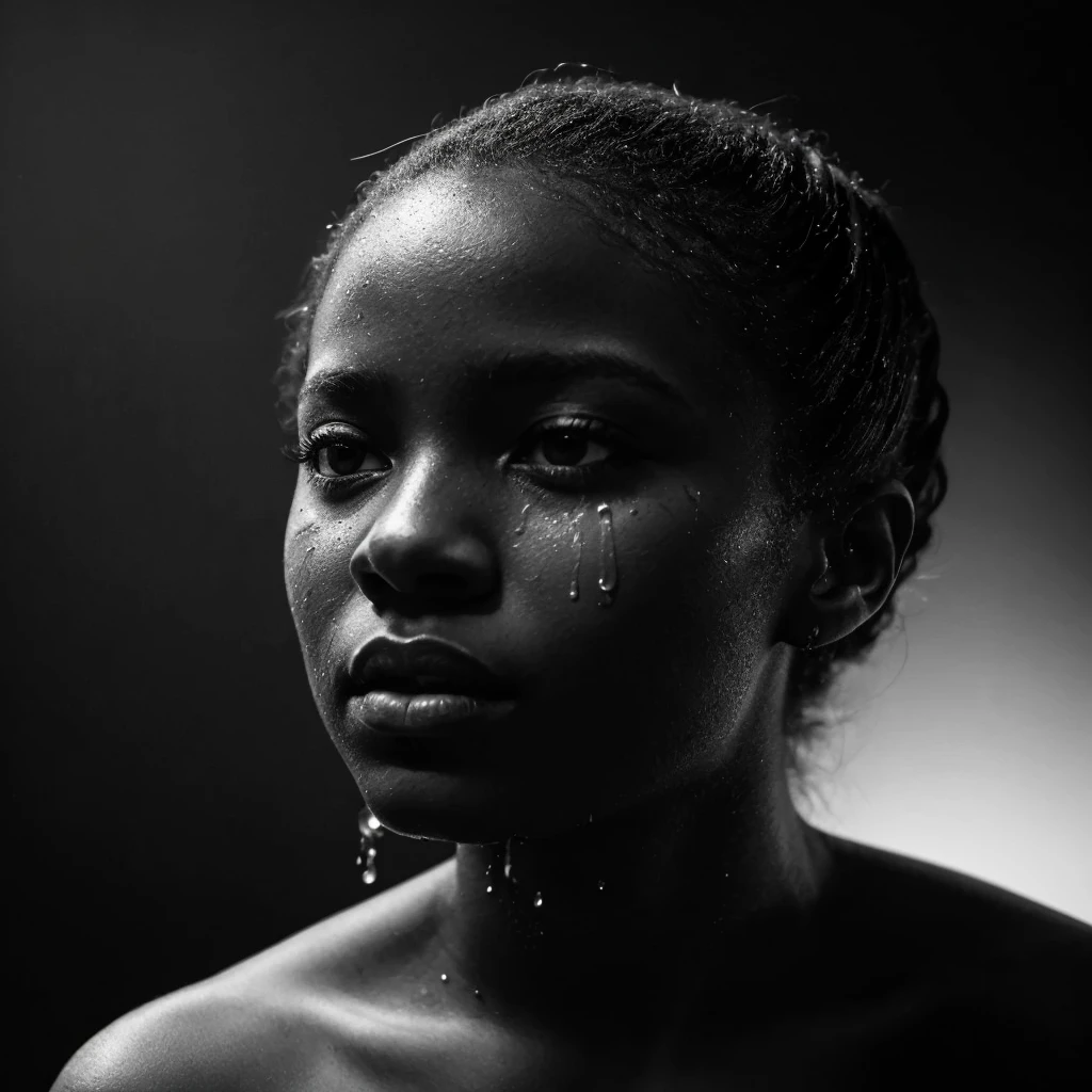 a beautiful black girl with crying a water teardrop running down her face and a black background, inspired by casey baugh, light falling on face, by casey baugh, stars in her gazing eyes, inspired by Roy DeCarava, noir photorealism, mysterious portrait of a woman, inspired by Anna Füssli, chiaroscuro portrait, grainy black and white photo. close up on side profile