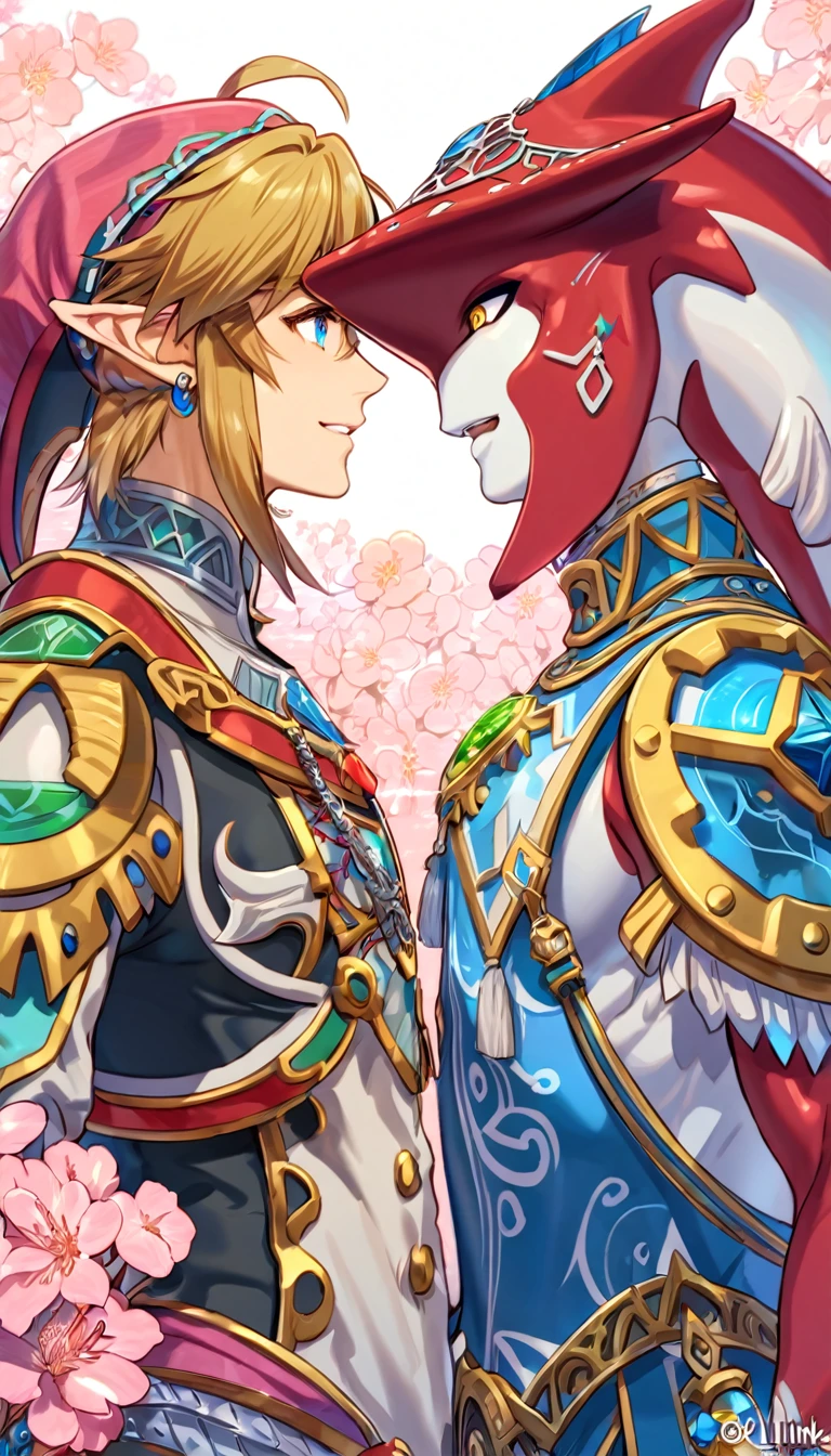 absurdres, highres, ultra detailed, HDR, master piece, best quality, perfect face, delicated features, red Zora, Sidon, expressive yellow eyes, The Legend Of Zelda Breath Of The Wild, Link, expressive blue eyes, blond hair, two sexy men together, gay couple, yaoi, handsome, smiling, blue tunic, prince clothes, zora domain, pink blossoms, pink flowers, water, fantasy