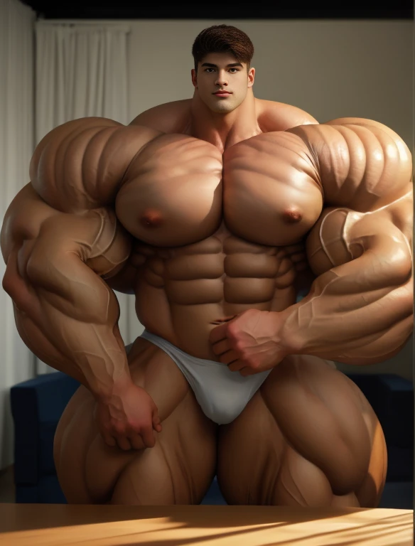 1boy, giant, alone, giant bodybuilder, illuminating light, strong body, bulk, large size, standing in whiet photo studio, indoor, nude, white triangular underwear, thick bulge, scratch his bulge, extraordinary big, brutalmass, giant muscular body, bulk, buff, massive body, large meaty body size, extremely wide body