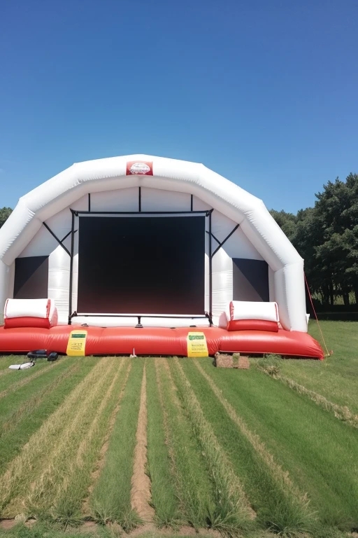 front of an inflatable cinema in the style of a farm shed