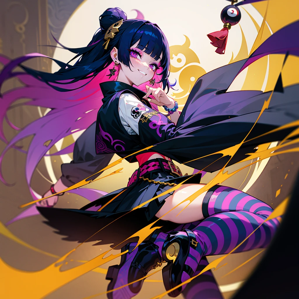 jirai kei, harajuku, idol, hime cut, blunt bangs, purple eyes, punk fashion, dark persona, makeup, striped thighhighs, torn long skirt, ecstasy, blush, piercings, from side, long hair, bags under eyes, evil grin, red and black and blue hair, octagonal yin yang mirror, pillars of purple fire, 1 girl, runes, platform footwear, gold decoration, earrings, chains, bracelets, yin yang, belts, tassel, beautiful art, depth of field, high res, perfect face, detailed outfit