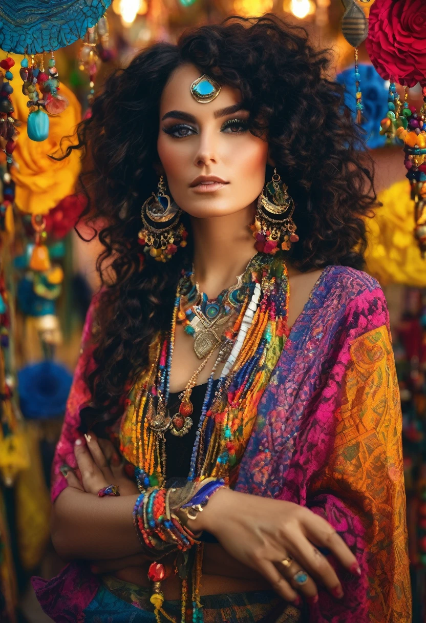 Beautiful stunning woman adorned in ornate, colorful jewelry and clothing that appears to be inspired by"gypsy" style. She has long, dark curly hair with flowers tucked into it. Her makeup emphasizes her eyes, and she's wearing large, dangling earrings and multiple necklaces with colorful beads and pendants. The woman's clothing includes vibrant fabrics with patterns. The overall aesthetic is very bohemian and romantic, evoking a free-spirited, nomadic culture. The lighting in the image is warm, giving it a rich, golden glow that enhances the romantic atmosphere.woman adorned in ornate, colorful jewelry and clothing that appears to be inspired by Romani or "gypsy" style. She has long, dark curly hair with flowers tucked into it. Her makeup emphasizes her eyes, and she's wearing large, dangling earrings and multiple necklaces with colorful beads and pendants. The woman's clothing includes vibrant fabrics with patterns. The overall aesthetic is very bohemian and romantic, evoking a free-spirited, nomadic culture. The lighting in the image is warm, giving it a rich, golden glow that enhances the romantic atmosphere.