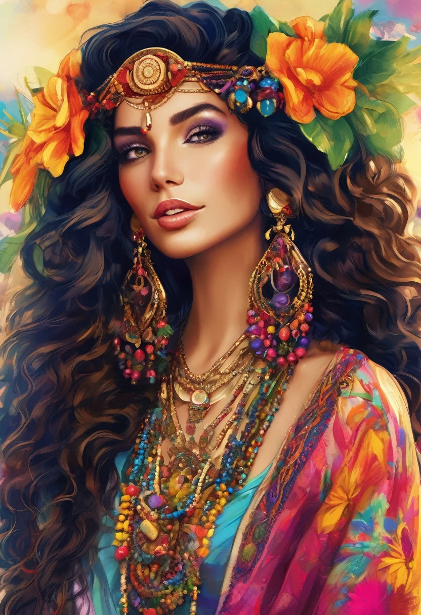 Beautiful stunning woman adorned in ornate, colorful jewelry and clothing that appears to be inspired by"gypsy" style. She has long, dark curly hair with flowers tucked into it. Her makeup emphasizes her eyes, and she's wearing large, dangling earrings and multiple necklaces with colorful beads and pendants. The woman's clothing includes vibrant fabrics with patterns. The overall aesthetic is very bohemian and romantic, evoking a free-spirited, nomadic culture. The lighting in the image is warm, giving it a rich, golden glow that enhances the romantic atmosphere.woman adorned in ornate, colorful jewelry and clothing that appears to be inspired by Romani or "gypsy" style. She has long, dark curly hair with flowers tucked into it. Her makeup emphasizes her eyes, and she's wearing large, dangling earrings and multiple necklaces with colorful beads and pendants. The woman's clothing includes vibrant fabrics with patterns. The overall aesthetic is very bohemian and romantic, evoking a free-spirited, nomadic culture. The lighting in the image is warm, giving it a rich, golden glow that enhances the romantic atmosphere.