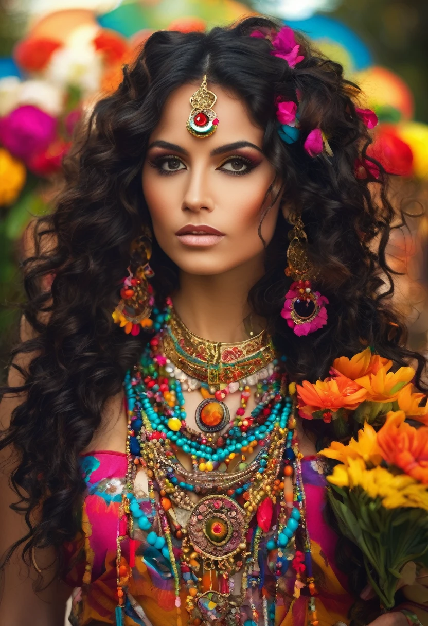 Beautiful stunning woman adorned in ornate, colorful jewelry and clothing that appears to be inspired by"gypsy" style. She has long, dark curly hair with flowers tucked into it. Her makeup emphasizes her eyes, and she's wearing large, dangling earrings and multiple necklaces with colorful beads and pendants. The woman's clothing includes vibrant fabrics with patterns. The overall aesthetic is very bohemian and romantic, evoking a free-spirited, nomadic culture. The lighting in the image is warm, giving it a rich, golden glow that enhances the romantic atmosphere.woman adorned in ornate, colorful jewelry and clothing that appears to be inspired by Romani or "gypsy" style. She has long, dark curly hair with flowers tucked into it. Her makeup emphasizes her eyes, and she's wearing large, dangling earrings and multiple necklaces with colorful beads and pendants. The woman's clothing includes vibrant fabrics with patterns. The overall aesthetic is very bohemian and romantic, evoking a free-spirited, nomadic culture. The lighting in the image is warm, giving it a rich, golden glow that enhances the romantic atmosphere.