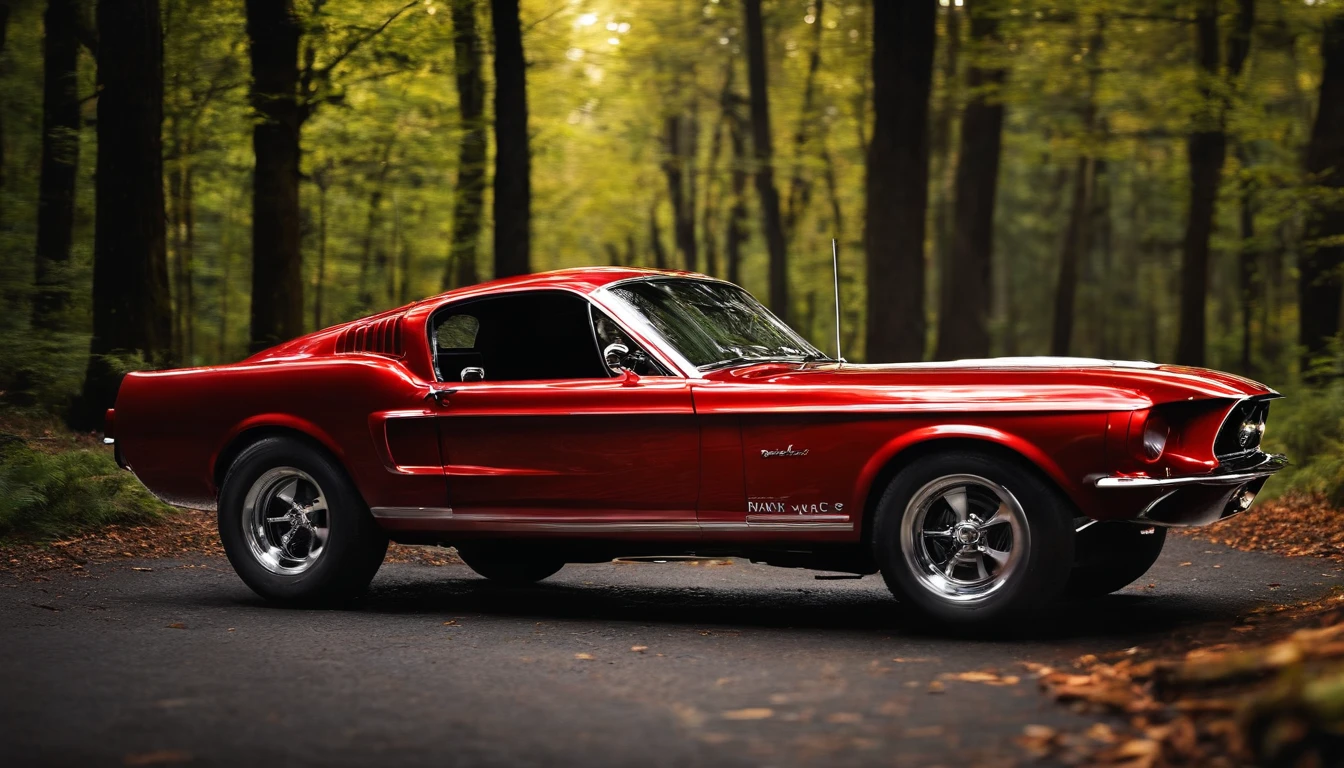 Create a metallic red car for Munstang with a shiny finish with a nature background, showing the darkest part of a forest
