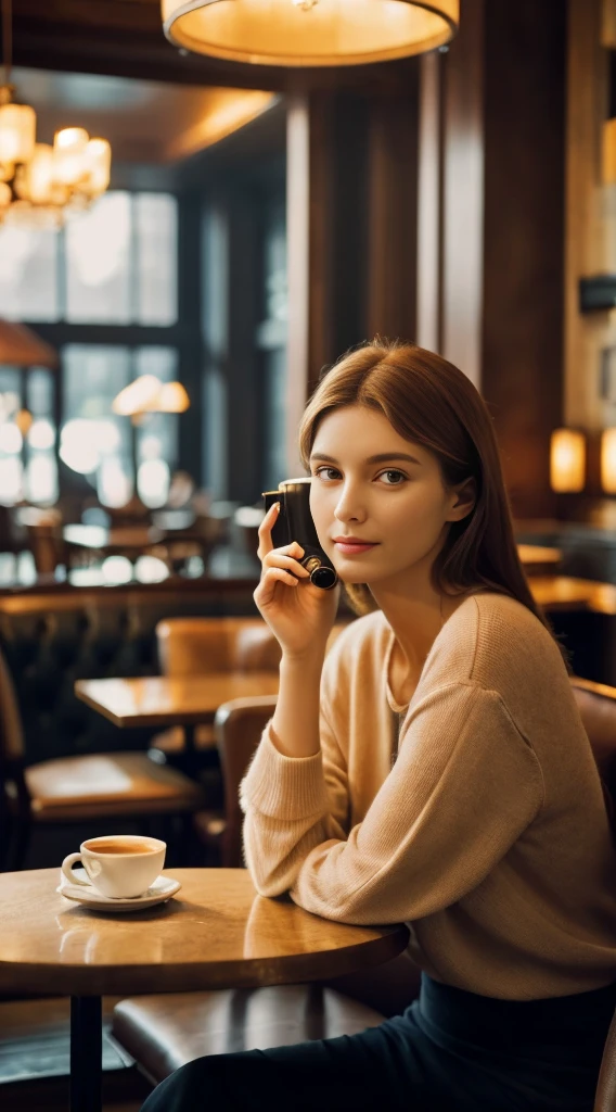 Beautiful model sitting in a café, Elegant and dignified atmosphere, Light tones, Soft atmosphere, Warm and cozy atmosphere, telescope lens, Soft lighting, Positive film, Gun technology, Unity Engine, 4K Ultra High Resolution. A delicate handbag is placed on the table..