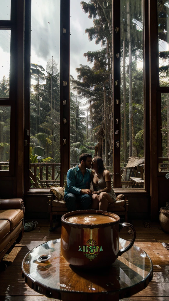 Interior view of wooden house with large glass window overlooking a forest, The weather is heavy rain, agua escorre no vidro, clima frio, sem neve, Dense forest outside, lareira com fogo baixo, livros na estante, wooden table with cups of hot coffee for two, A man and a woman are sitting on a brown leather sofa, eles conversam e riem.