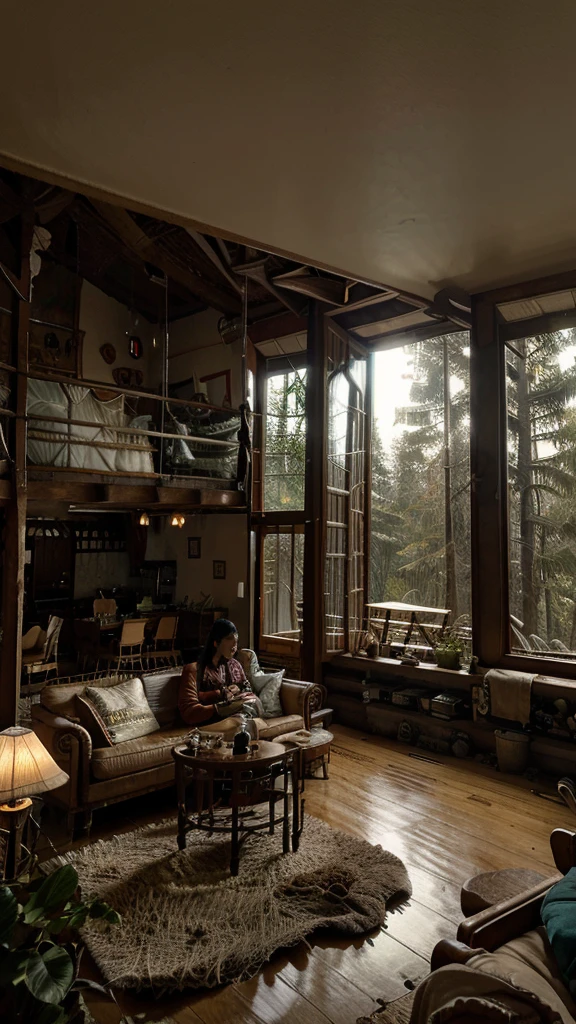 Interior view of wooden house with large glass window overlooking a forest, The weather is heavy rain, agua escorre no vidro, clima frio, sem neve, Dense forest outside, lareira com fogo baixo, livros na estante, wooden table with cups of hot coffee for two, A man and a woman are sitting on a brown leather sofa, eles conversam e riem.