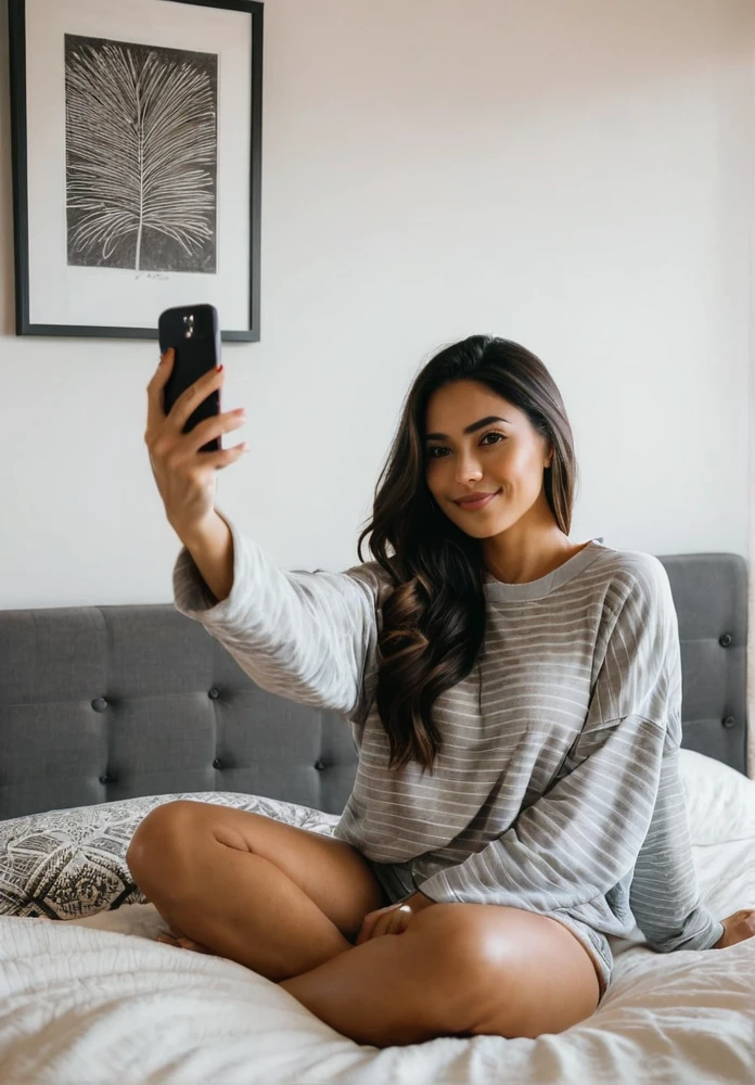 A Latina woman with long dark hair, dressed casually, is taking a selfie while lying on her bed in a cozy and intimate bedroom. The room features soft lighting, decorative pillows, and a stylish bedspread. She has a curvy body with thick legs and a beautiful face with minimal, natural makeup. She is holding her phone up with one hand, looking directly at the camera, and smiling naturally. The atmosphere is relaxed and inviting, capturing the comfort and intimacy of a private bedroom. Ensure that there are no visual bugs or distortions on her hands, feet, or any part of her body.