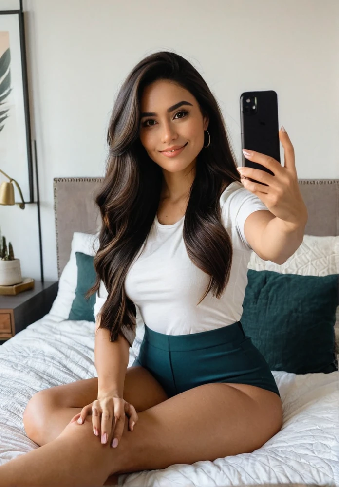 A Latina woman with long dark hair, dressed casually, is taking a selfie while lying on her bed in a cozy and intimate bedroom. The room features soft lighting, decorative pillows, and a stylish bedspread. She has a curvy body with thick legs and a beautiful face with minimal, natural makeup. She is holding her phone up with one hand, looking directly at the camera, and smiling naturally. The atmosphere is relaxed and inviting, capturing the comfort and intimacy of a private bedroom. Ensure that there are no visual bugs or distortions on her hands, feet, or any part of her body.