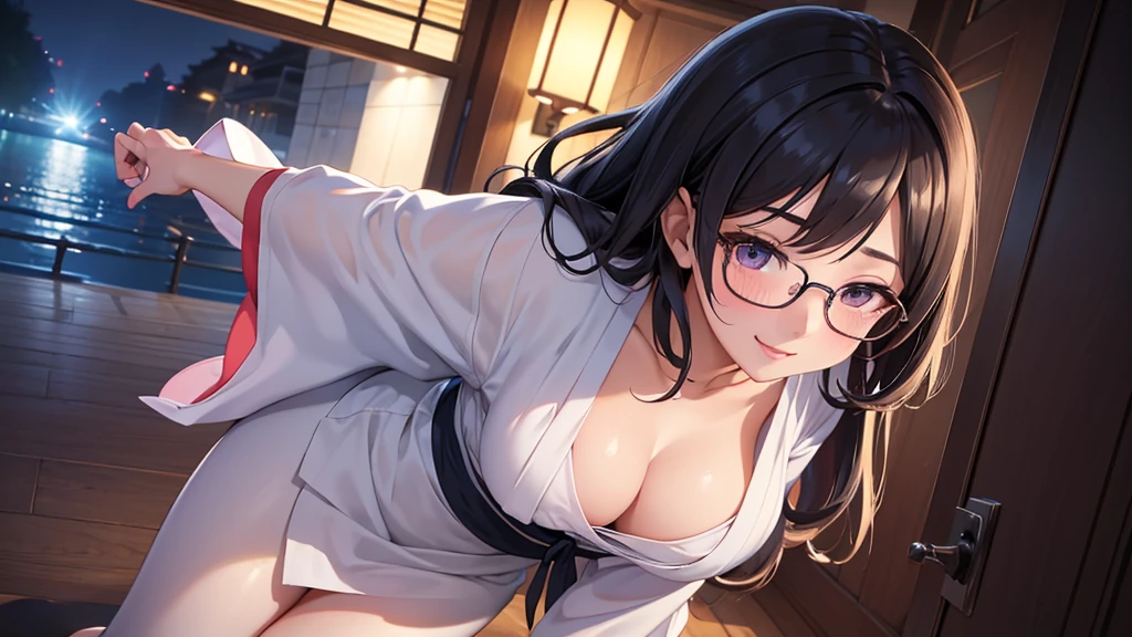 1 girl, full body stand, glasses, ideal breasts, unbuttoned yukata, loose hair, smile, open the entrance for you, face blush, night light, detailed anime face, beautiful eyes, detailed hand, long eyelashes, detailed lips, detailed skin, intricate details, elegant, beautiful lighting, cooled colors, cinematic, soft focus, masterpiece, 8k, ultra-detailed, (best quality, 4k, 8k, highres, masterpiece:1.2), ultra-detailed