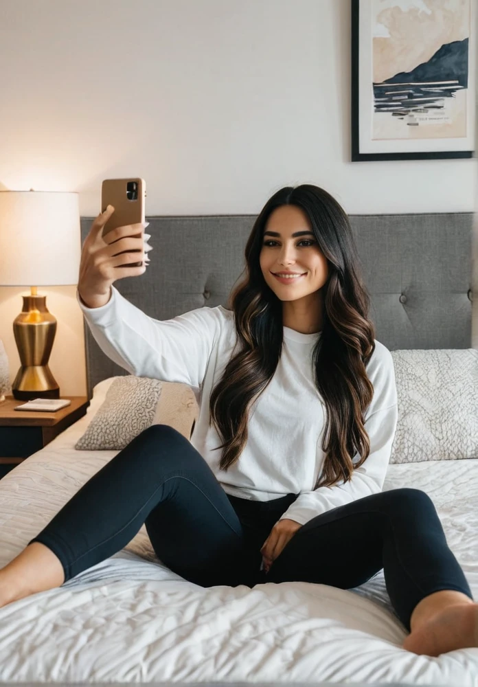 A Latina woman with long dark hair, dressed casually, is taking a selfie while lying on her bed in a cozy and intimate bedroom. The room features soft lighting, decorative pillows, and a stylish bedspread. She has a curvy body with thick legs and a beautiful face with minimal, natural makeup. She is holding her phone up with one hand, looking directly at the camera, and smiling naturally. The atmosphere is relaxed and inviting, capturing the comfort and intimacy of a private bedroom. Ensure that there are no visual bugs or distortions on her hands, feet, or any part of her body.