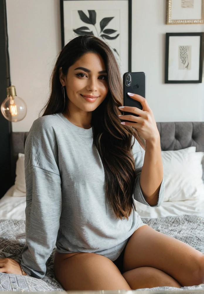 A Latina woman with long dark hair, dressed casually, is taking a selfie while lying on her bed in a cozy and intimate bedroom. The room features soft lighting, decorative pillows, and a stylish bedspread. She has a curvy body with thick legs and a beautiful face with minimal, natural makeup. She is holding her phone up with one hand, looking directly at the camera, and smiling naturally. The atmosphere is relaxed and inviting, capturing the comfort and intimacy of a private bedroom. Ensure that there are no visual bugs or distortions on her hands, feet, or any part of her body.