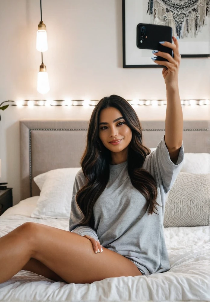 A Latina woman with long dark hair, dressed casually, is taking a selfie while lying on her bed in a cozy and intimate bedroom. The room features soft lighting, decorative pillows, and a stylish bedspread. She has a curvy body with thick legs and a beautiful face with minimal, natural makeup. She is holding her phone up with one hand, looking directly at the camera, and smiling naturally. The atmosphere is relaxed and inviting, capturing the comfort and intimacy of a private bedroom. Ensure that there are no visual bugs or distortions on her hands, feet, or any part of her body.