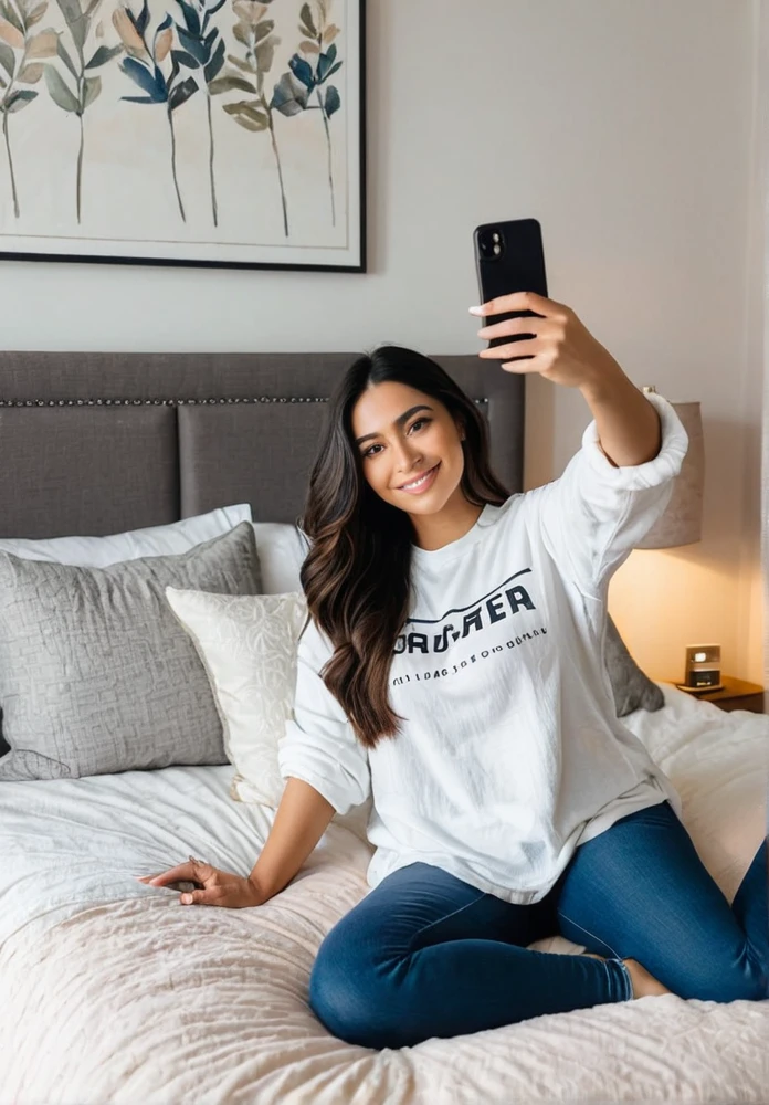 A Latina woman with long dark hair, dressed casually, is taking a selfie while lying on her bed in a cozy and intimate bedroom. The room features soft lighting, decorative pillows, and a stylish bedspread. She has a curvy body with thick legs and a beautiful face with minimal, natural makeup. She is holding her phone up with one hand, looking directly at the camera, and smiling naturally. The atmosphere is relaxed and inviting, capturing the comfort and intimacy of a private bedroom. Ensure that there are no visual bugs or distortions on her hands, feet, or any part of her body.